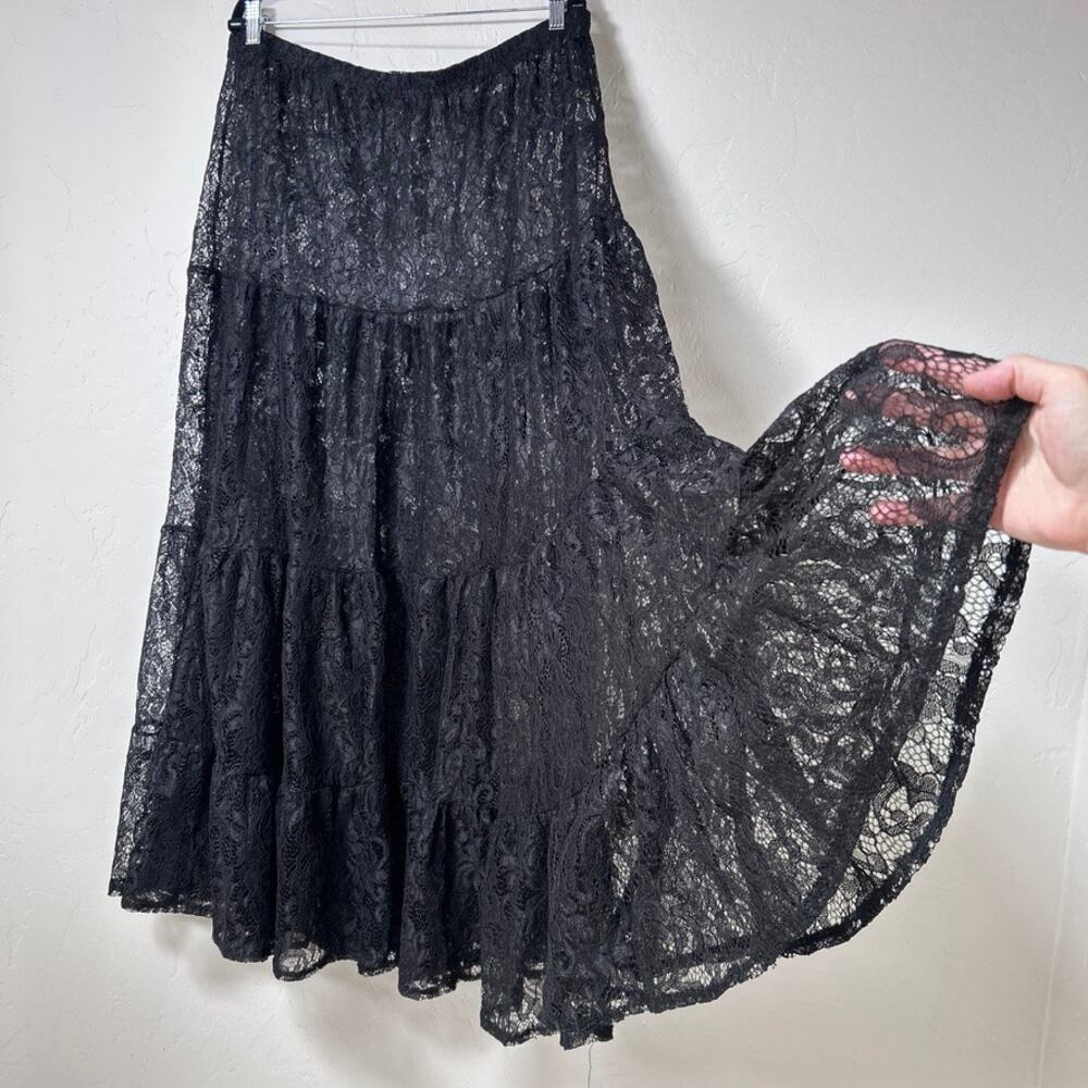 Black Sheer Lace Maxi Skirt Whimsygoth Dark Fairy Romantic Boho Festival 2X